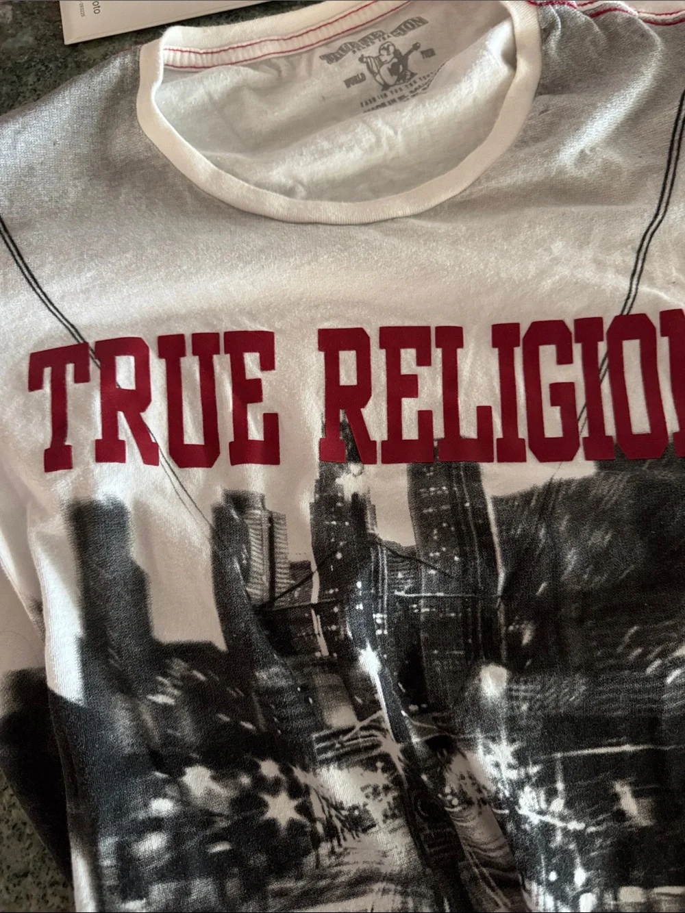 True Religion White Tee with Black Cityscape and Maroon Logo